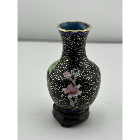 Vintage Mini Chinese Enameled Cloisonne Vase w/ Stand 3 inch Black Floral Blue - Picture 3 of 7